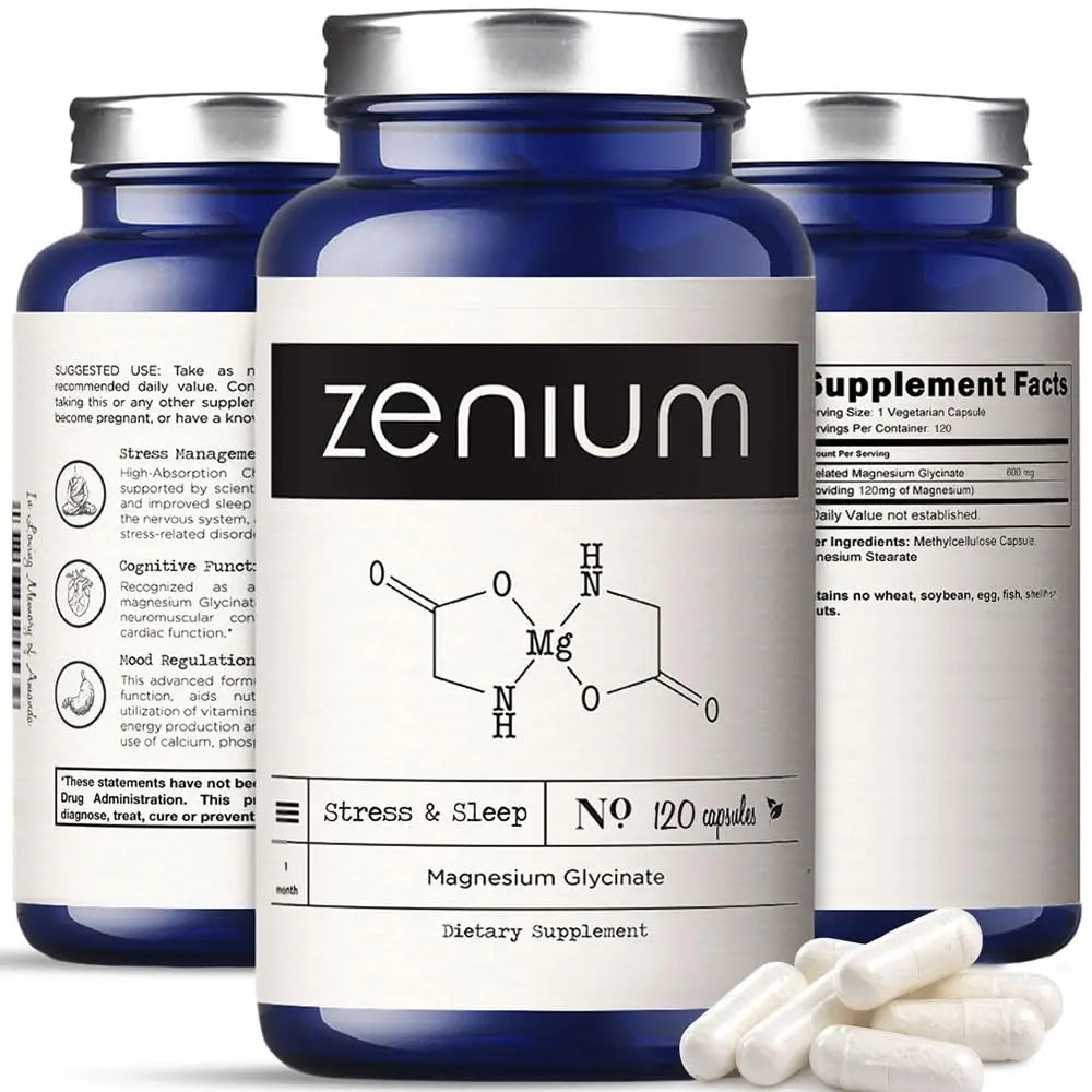 Zenium - Magnesium Glycinate for Sleep, Chelated, 600mg per Serving, 120 Capsules | High Absorption | Relieve Tension, Worry, Nervousness | Calm The Mind & Body | Ayurvedic | Natural Relief Supplement ZeniumAu supplements