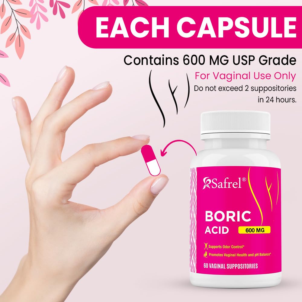 Safrel Boric Acid Vaginal Suppositories - 60 Count (1-Pack) – 100% Pure USA-Made, Supports Intimate SafrelAu supplements