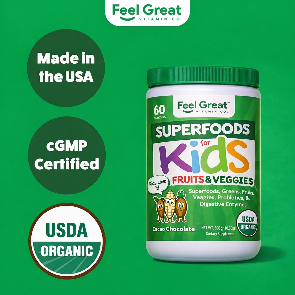 Feel Great USDA Organic Super Greens Powder for Kids - Cocao Chocolate | Fruit & Veggie Supplement | Superfood Powder with Probiotics & Digestive Enzymes for Digestive Health | 60 Days Supply The Feel Great Vitamin CompanyAu supplements