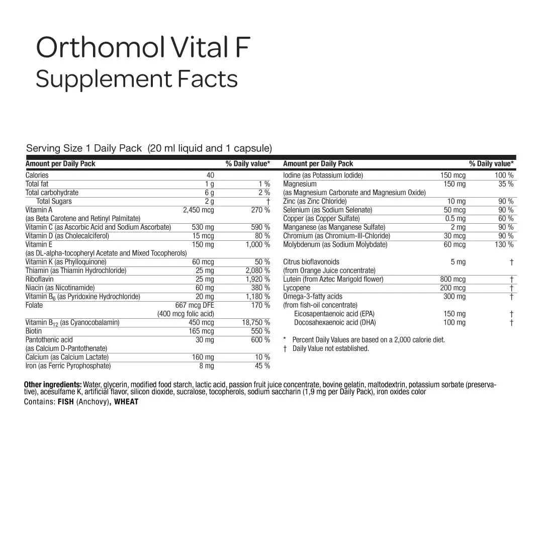 Orthomol Vital F Vial, Women's Multivitamin, 7-Day Supply, Vitamins A, B, C, D, E, K, Calcium, Iodine, Omega-3 OrthomolAu supplements