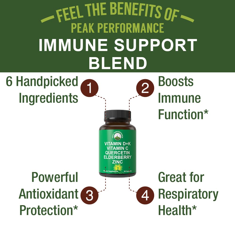 Immune Support Supplement with 6 Top Ingredients. Vitamin D3 K2 + Vitamin C + Elderberry + Zinc + Quercetin. Includes 5000 IU Vitamin D. Immunity Capsules. Supplements for Women and Men Peak PerformanceAu supplements