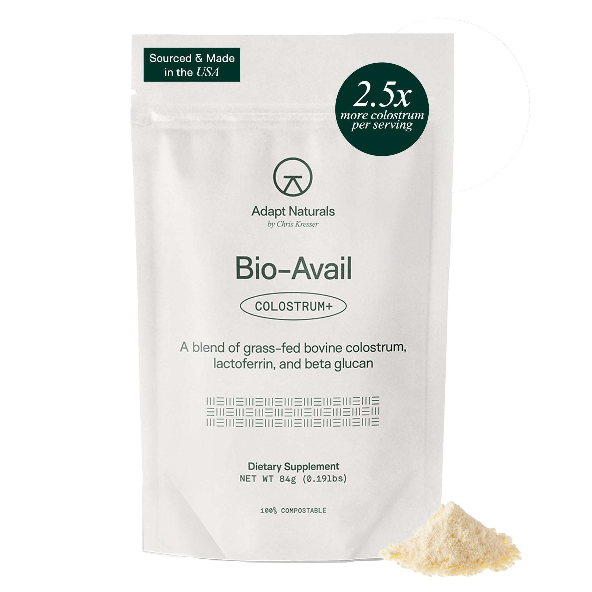 Adapt Naturals Colostrum Supplement with Lactoferrin & Beta-Glucan, Bio-Avail Grass Fed Bovine Colostrum Powder for Gut Health, Immune Support & Vitality | Non-GMO, 2500mg, Unflavored - 30 Days Supply ADAPT NATURALS BY CHRIS KRESSERAu supplements