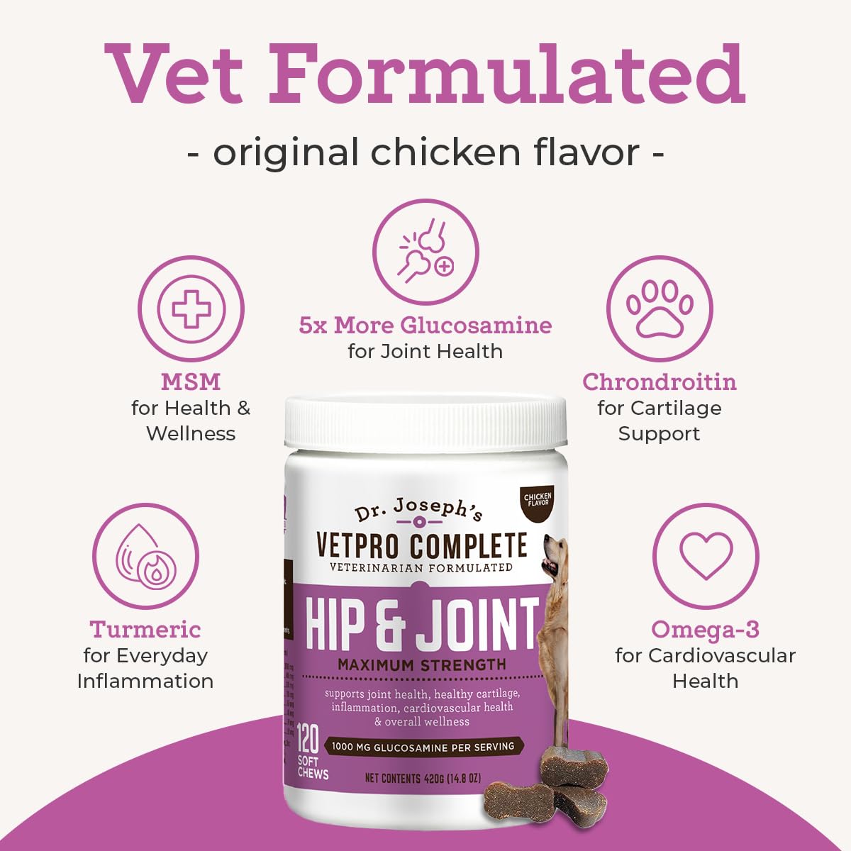 Dr. Joseph's VetPro Complete Dog Hip & Joint Supplement for Arthritis Pain Relief – High-Strength Glucosamine & Chondroitin Chews for Senior Dogs – Vet Formulated Daily Treats, Chicken Flavor, 120 Ct VetPro CompleteAu supplements