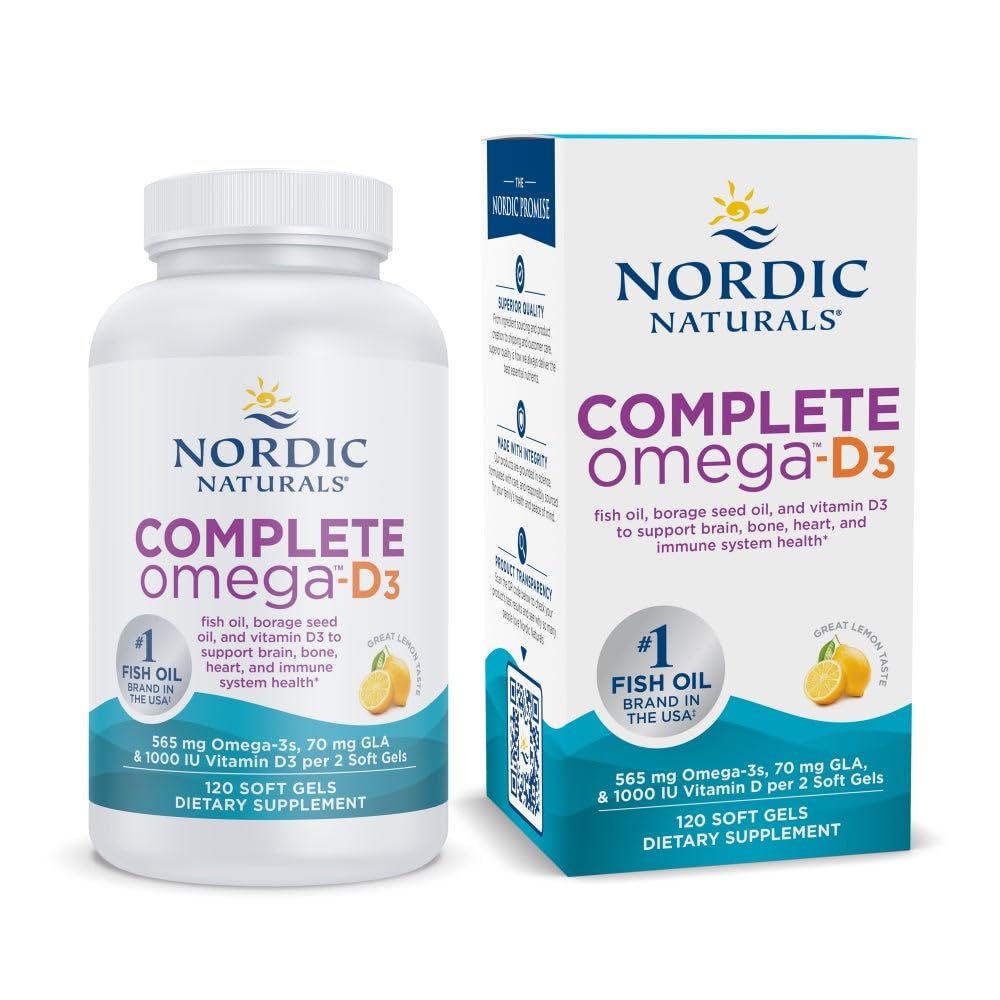 Nordic Naturals Complete Omega-D3, Lemon Flavor - 120 Soft Gels - 565 mg Omega-3 + 70 mg GLA + 1000 IU Vitamin D3 - EPA & DHA - Healthy Skin, Cognition, Positive Mood - Non-GMO - 60 Servings Nordic NaturalsAu supplements