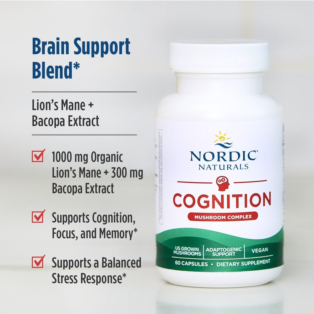 Nordic Naturals Cognition Mushroom Complex, Unflavored - 60 Capsules - Brain, Memory & Mood Support - Blend of Lion’s Mane Mushroom & Bacopa Extract - Non-GMO - Certified Vegan - 30 Servings Nordic NaturalsAu supplements