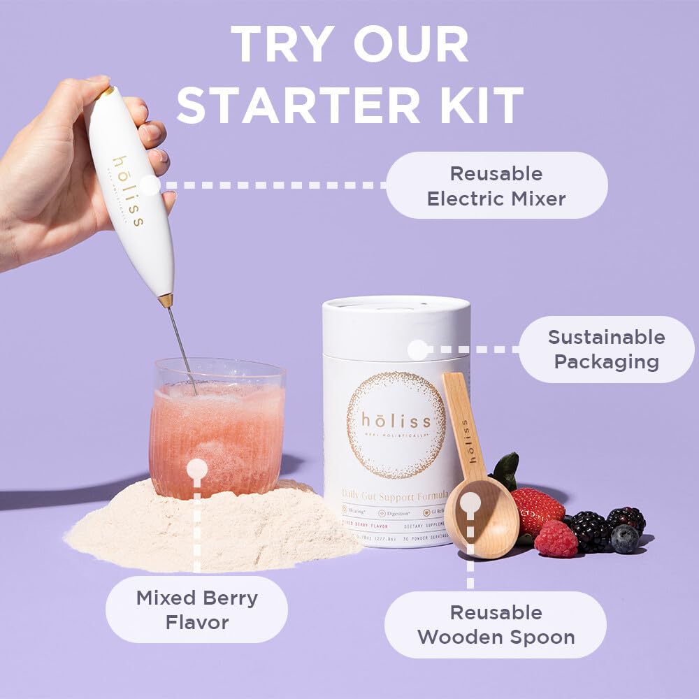 HOLISS Daily Gut Health Kit – 6-in-1 All Natural Supplement, Bloat & Gas Aid, GI Lining Repair, IBS Support – Lemon Balm, L-Glutamine, PepZinGI, Mixed Berry, 30 Servings, Electric Mixer & Spoon HOLISSAu supplements