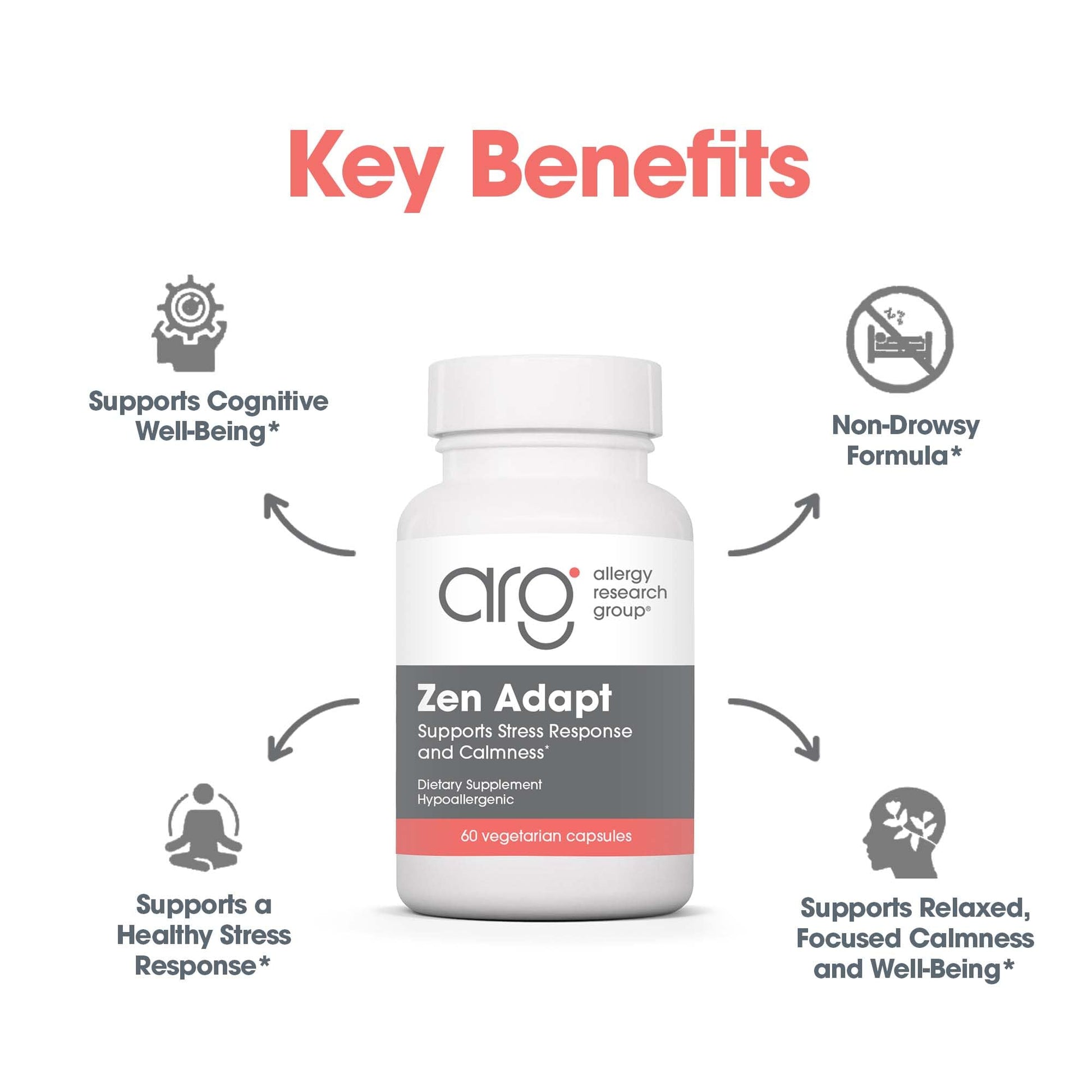 ARG Zen Adapt - 200 mg L-Theanine, 125 mg Ashwagandha & 550 mg GABA - Supports Stress Response and Calmness - Vegetarian Capsules - Hypoallergenic Formula - 30 Servings - 60 Capsules Allergy Research GroupAu supplements