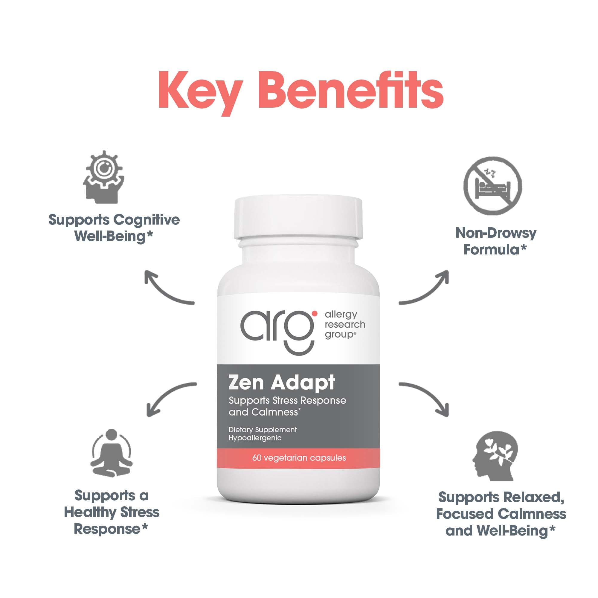 ARG Zen Adapt - 200 mg L-Theanine, 125 mg Ashwagandha & 550 mg GABA - Supports Stress Response and Calmness - Vegetarian Capsules - Hypoallergenic Formula - 30 Servings - 60 Capsules Allergy Research GroupAu supplements