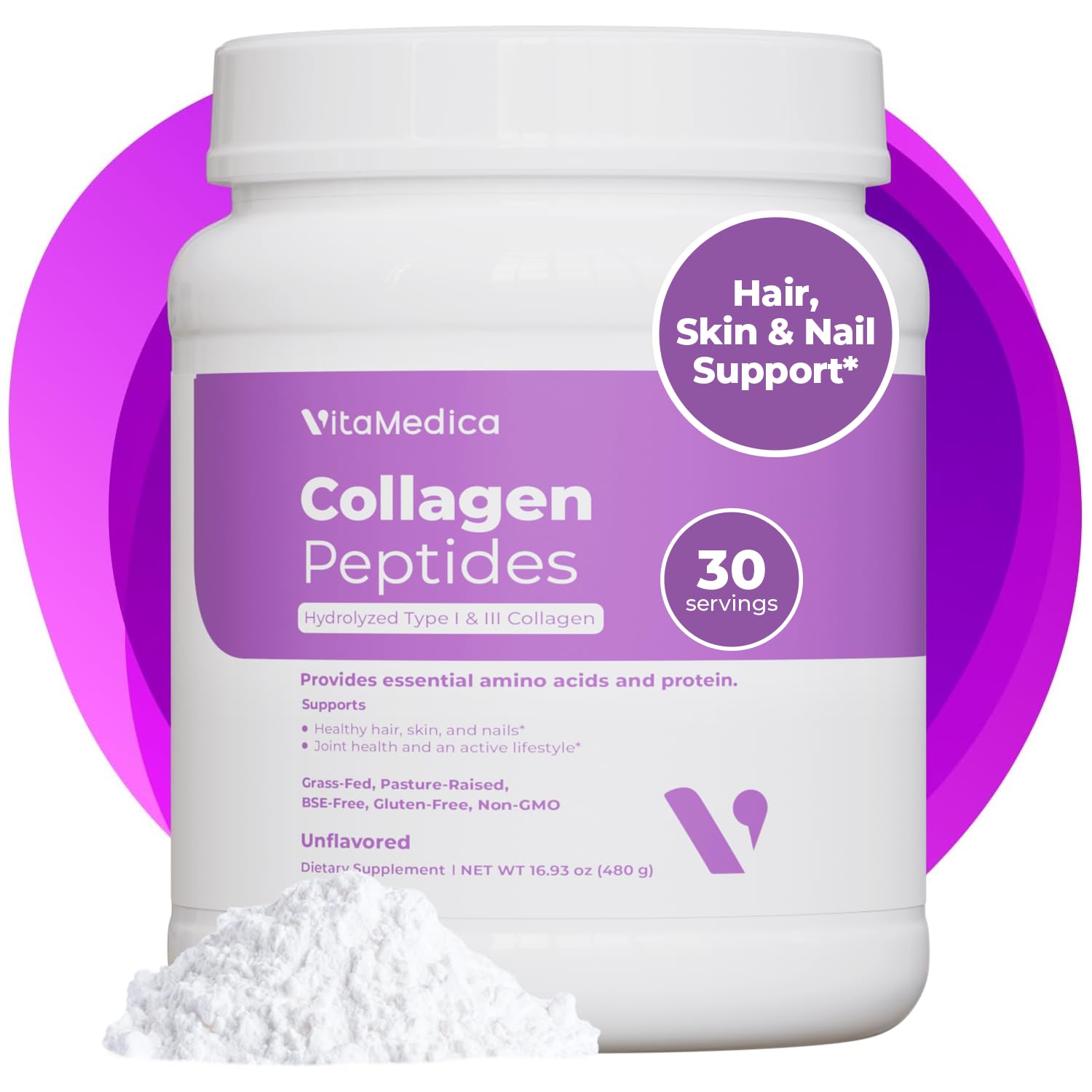 VitaMedica Collagen Peptides Powder for Women & Men - Healthy Hair, Skin, Nails, Bones and Joints - Hydrolyzed Types I & III, Grass-Fed, Pasture-Raised Protein, Zero Sugar - 30 Servings VitaMedicaAu supplements