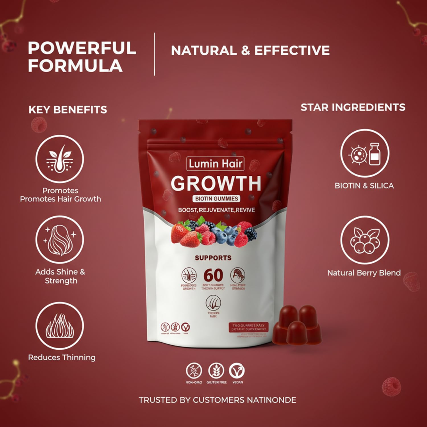 Lumin Hair Growth Gummies for Black Women, 60 Vegan Gummies, Daily Hair Nourishment with Biotin, Collagen & Botanical Extracts, Supports Healthy Hair Growth & Strength Lumin HairUS supplements