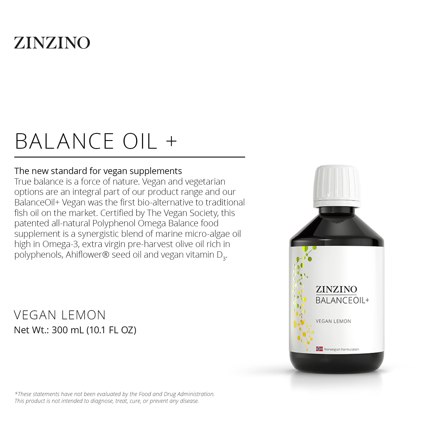 Zinzino - BalanceOil+ Vegan Lemon, Synergistic Blend with Marine Micro-Algae, Olive Oil, Ahiflower Seed Oil, Vegan Vitamin D3-300 ml ZINZINOAu supplements