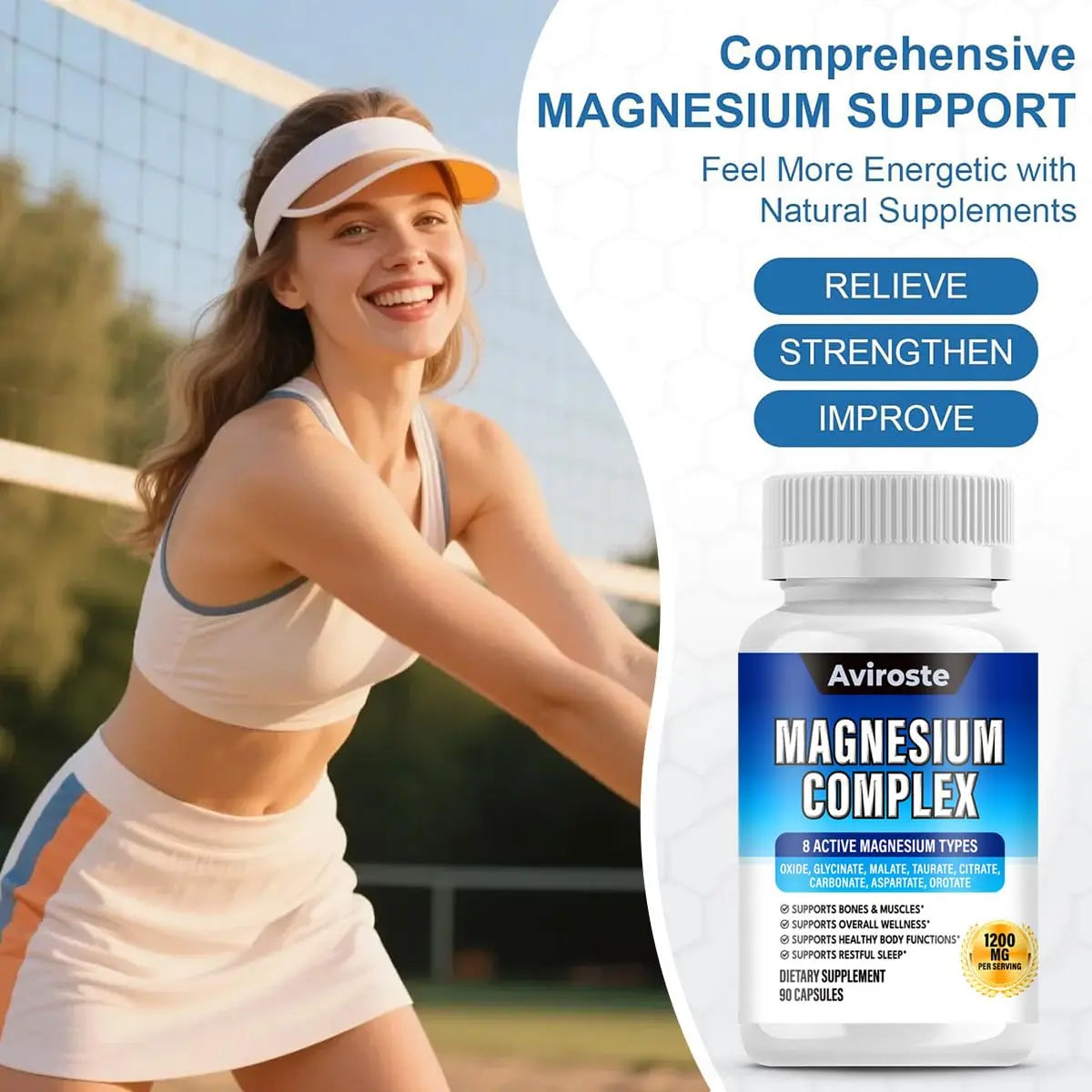 8 in 1 Magnesium Complex Supplement - 8 Elemental 1000mg - Magnesium Glycinate, Citrate, Malate, Taurate - High Absorption,for Muscle, Nerve & Sleep Support - 90 Capsules Avirostenz supplements