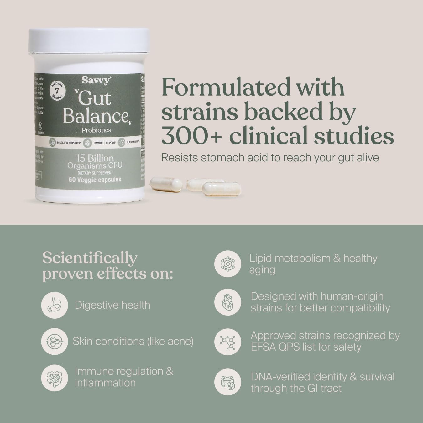 SAVVY Gut Balance Probiotics for Women & Men, 15 Billion CFU, 7 Clinically Studied Strains, Digestive Health, Immune Support, Bloating Relief, 60 Vegan Capsules, Non GMO, Sugar-Free SAVVYAu supplements