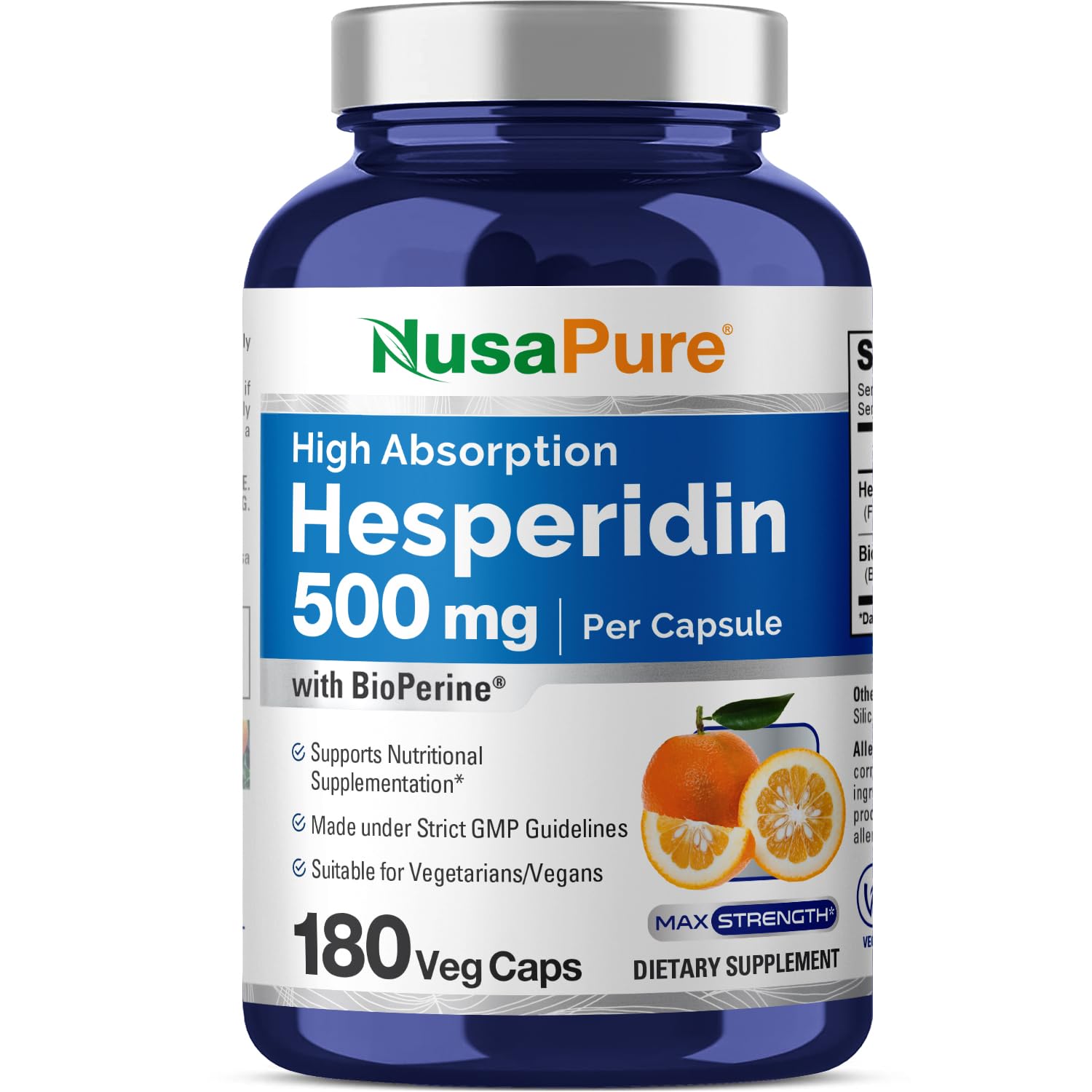 NusaPure Hesperidin 500 mg per Veggie Caps - 180 Capsules (BioPerine, High Absorption, Non-GMO) NusaPureAu supplements