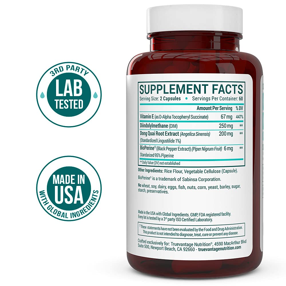 DIM Supplement 250mg (Diindolylmethane)-Plus Dong Quai, Natural Vitamin E & BioPerine - Supports Menopause Relief & Hormonal Acne -Hormone Balance Support for Women and Men-Veggie Caps Truevantage NutritionAu supplements