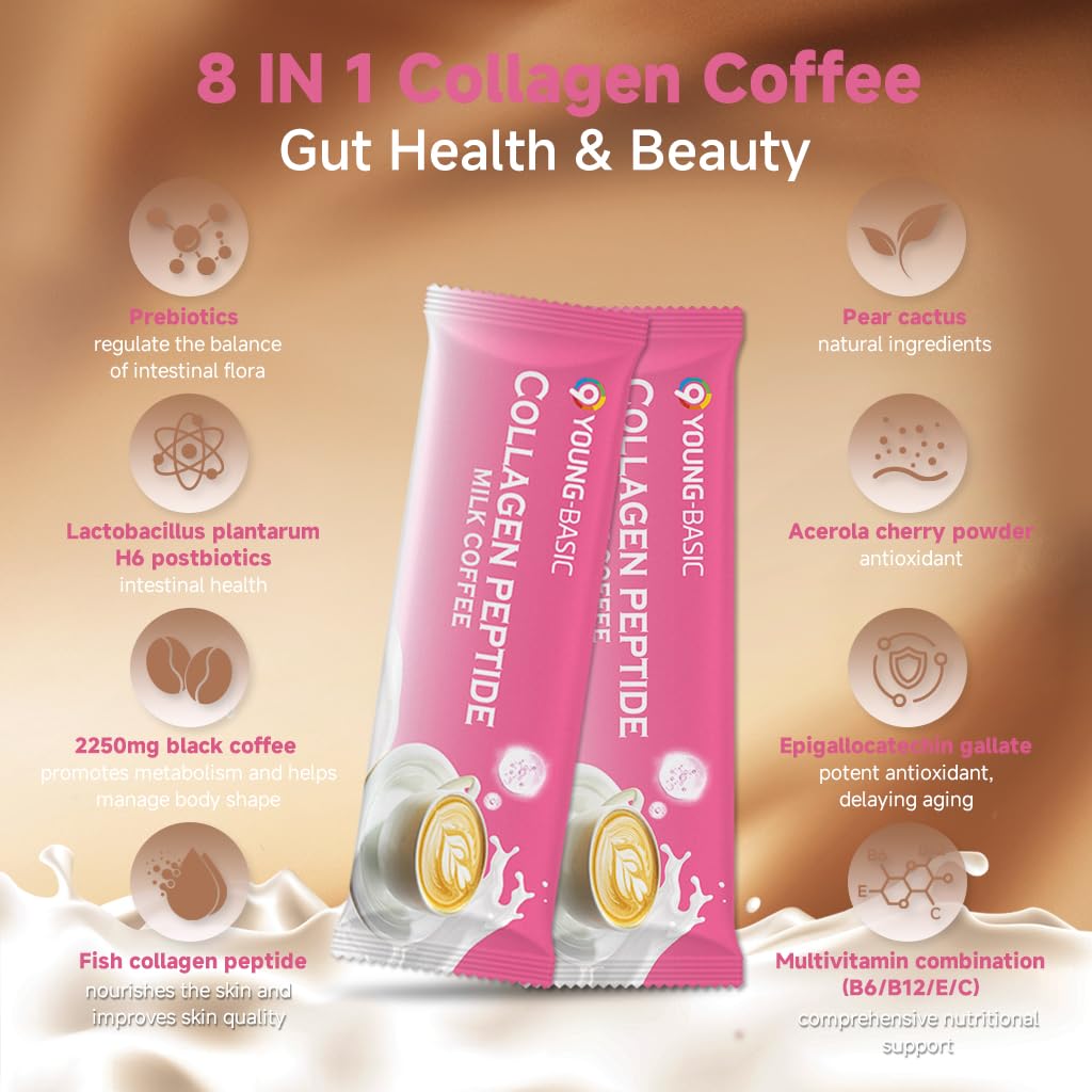 Collagen Peptide Milk Coffee - Rich in Premium Marine Fish Collagen Peptides, Multivitamins (B6/B12/C/E) and Prebiotics, Instant Milk Coffee with Creamer for Skin, Antioxidant, Aging and Gut Health 9 YOUNG-BASICAu supplements
