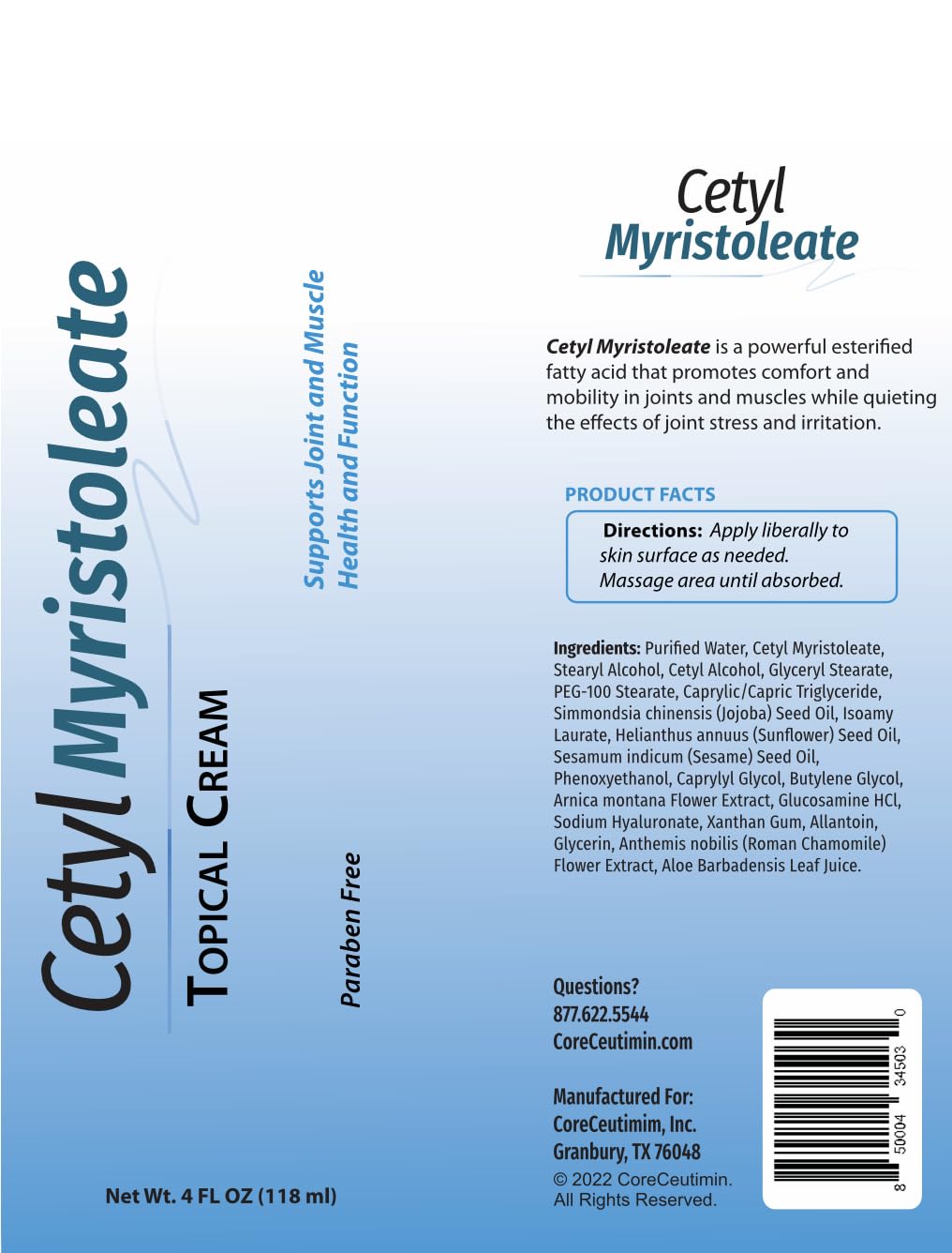 Cetyl Myristoleate Topical Cream Omega 5 Fatty Acid - Helps Reduce Joint and Muscle Discomfort - Includes Arnica, Glucosamine, Aloe,Jojoba, Sunflower & Sesame Seed Oil - 4oz. by Coreceutimin CoreCeutiminAu supplements