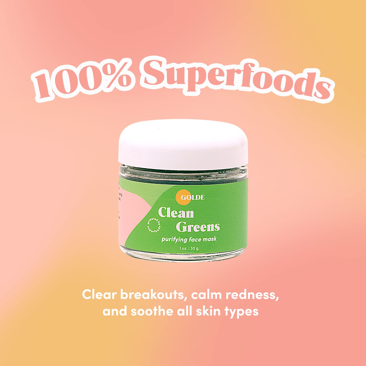 GOLDE - Clean Greens Superfood Face Mask - Made w/Chlorella & Spirulina - Great for Acne Prone, Oily & Dry Skin, Hydrating - Gentle Cleanser - Vegan - Aluminum-Free - 30g Jar GOLDEAu supplements