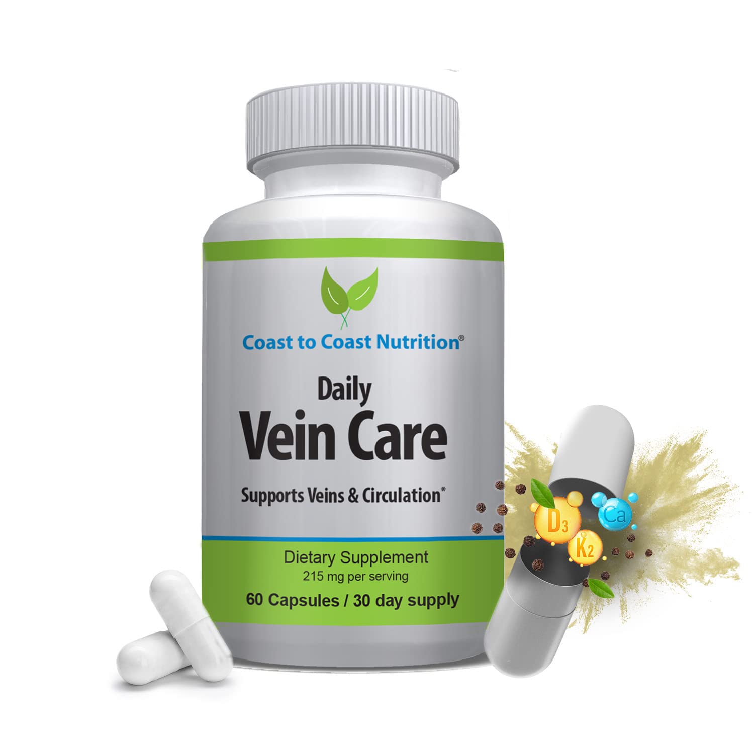 Coast to Coast Nutrition Daily Vein Care Supplement Capsules — Circulation Formula with a Natural Blend of Calcium, Vitamin D3, Vitamin K2 Plus BioPerine for Max Absorption Vein Formula — 60 Capsules Coast to Coast NutritionAu supplements