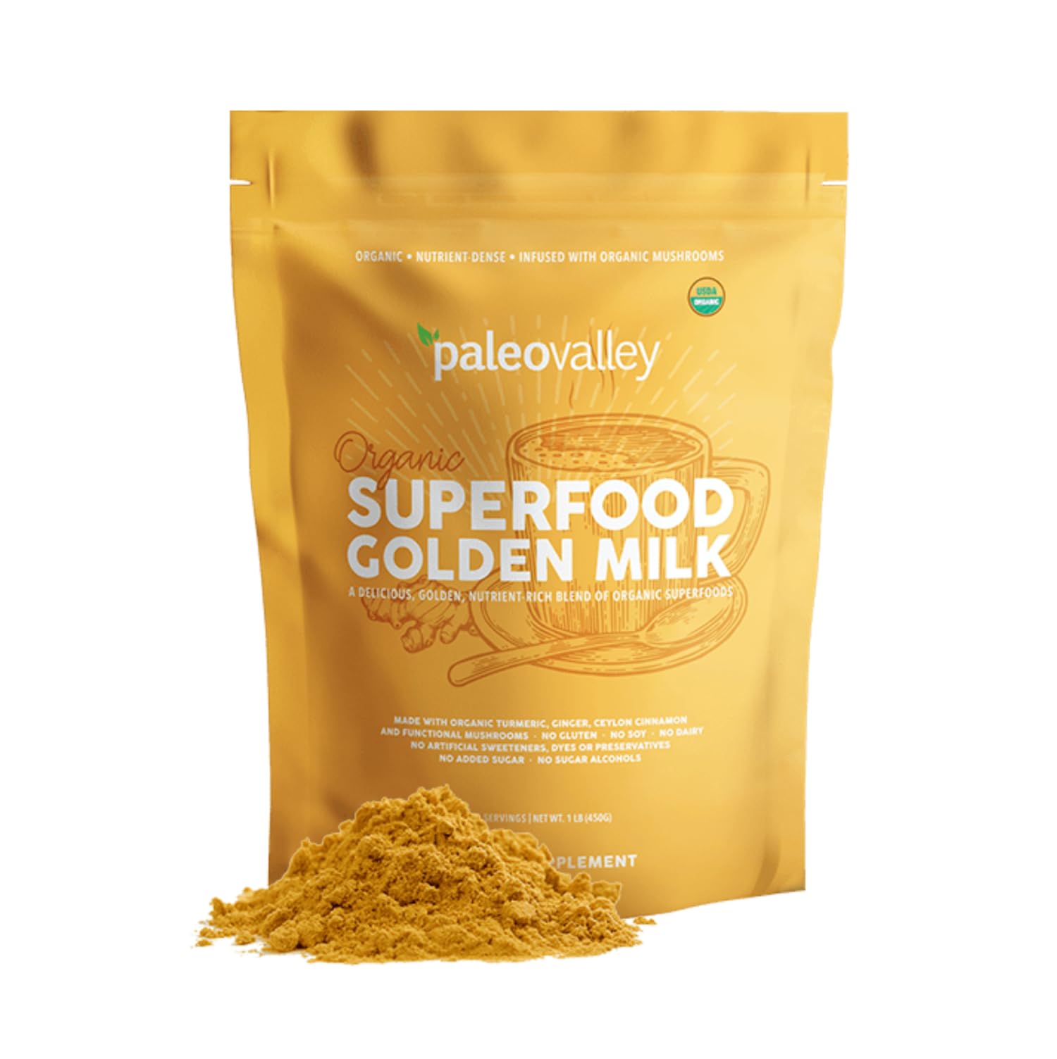 Paleovalley Organic Superfood Golden Milk - Immune, Focus, Cognitive, Longevity - Turmeric, MCT-Rich Coconut Milk, Functional Mushrooms, 30 Servings PaleovalleyUS supplements
