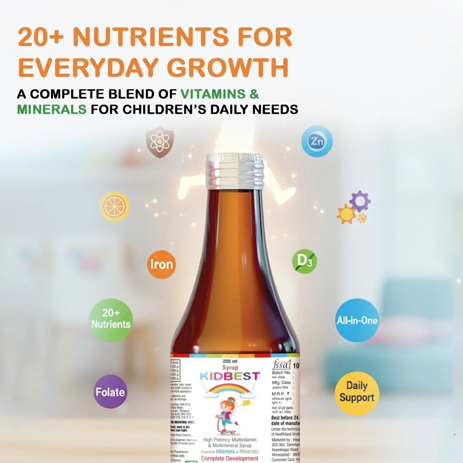 Kidbest Multivitamin Syrup for Kids 3-13 Years – Liquid Formula with 20 Nutrients for Appetite, Immunity, and Growth – Tasty Daily Vitamins HealthBestAu supplements