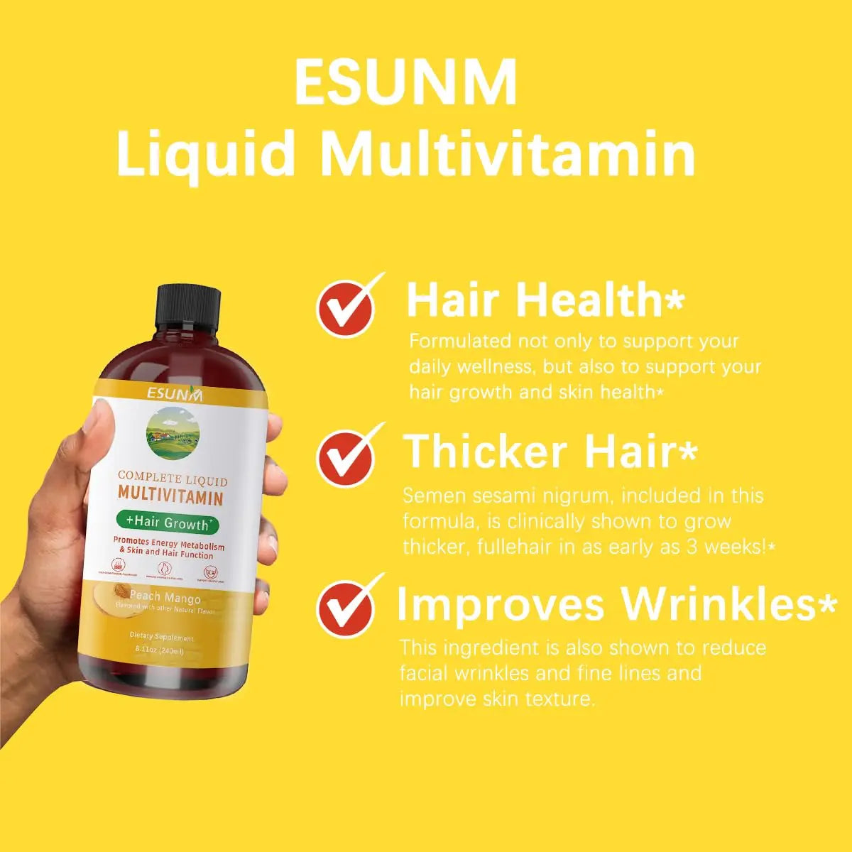 ESUNM Complete Liquid Multivitamin + Hair Growth, Promotes Energy Metabolism& Skin and Hair Function| Vitamin C D | B Vitamins | ESUNMAu supplements