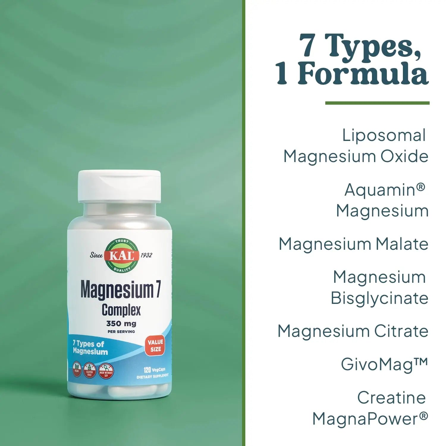 KAL Magnesium Complex 7 - Total Complex with Magnesium Glycinate, Citrate, Malate and More - Relaxation and Whole Body Support Supplements - Vegan, 60-Day Guarantee - 60 Servings - 120 VegCaps KALnz supplements