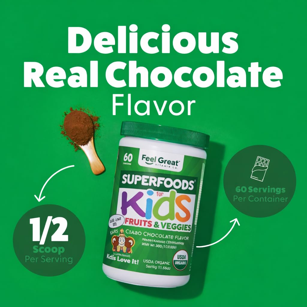 Feel Great USDA Organic Super Greens Powder for Kids - Cocao Chocolate | Fruit & Veggie Supplement | Superfood Powder with Probiotics & Digestive Enzymes for Digestive Health | 60 Days Supply The Feel Great Vitamin CompanyAu supplements