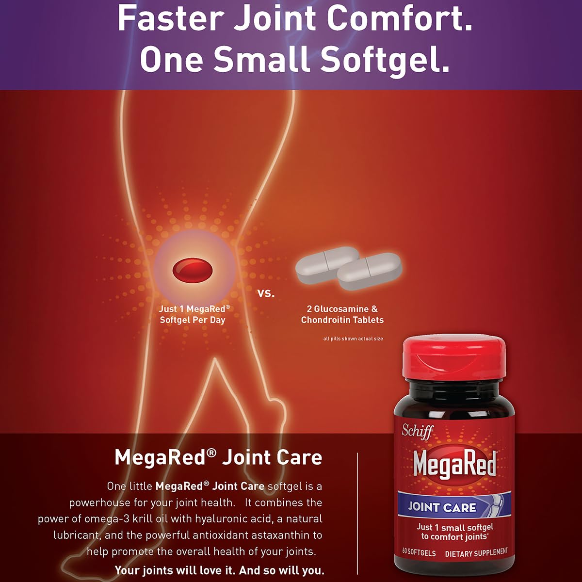 Omega-3 Krill Oil and Joint Supplement - Megared Joint Care 60 softgels - EPA/DHA fatty acids, Antioxidants, Hyaluronic acid, No fishy burp aftertaste as with Fish Oil MegaRedAu supplements