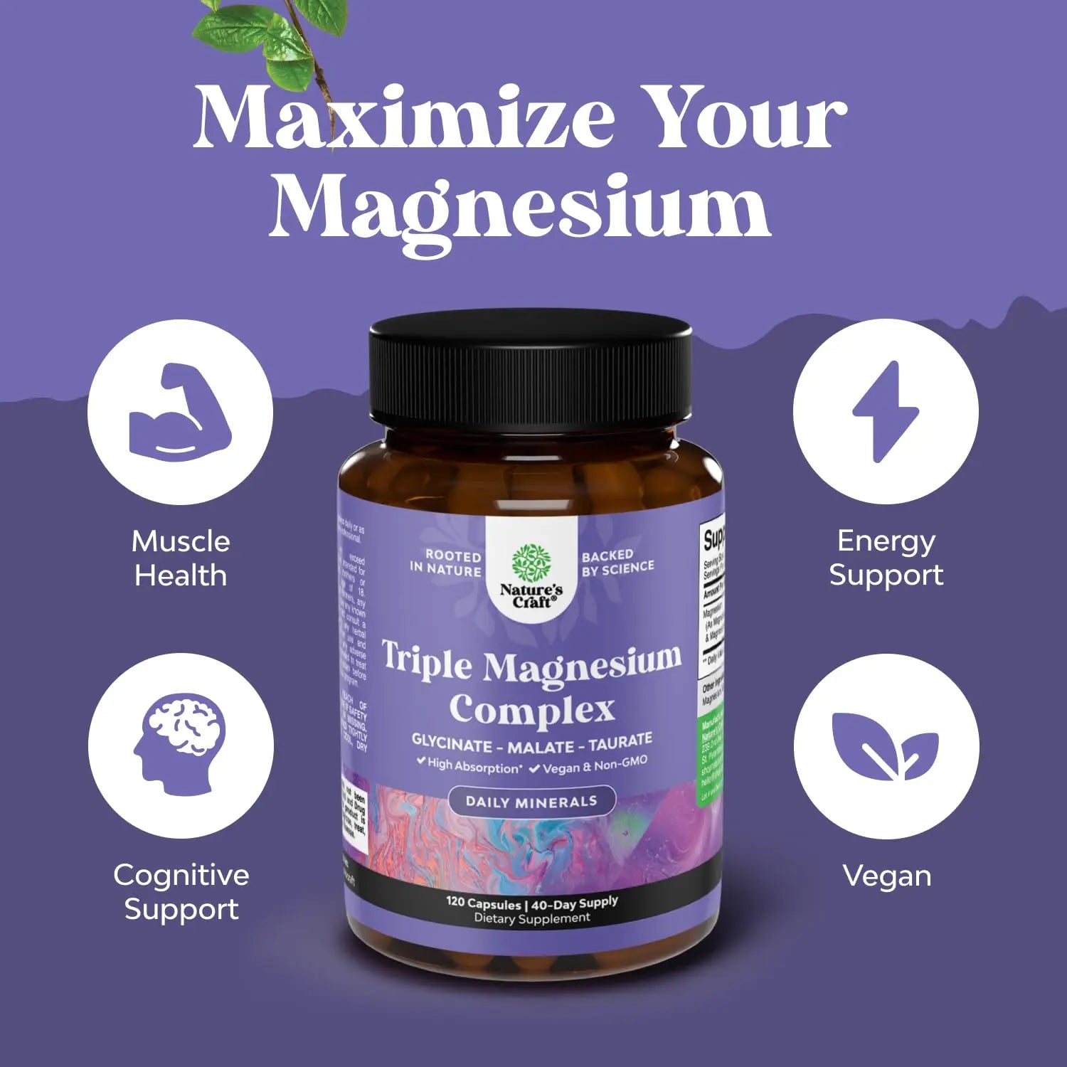 Triple Magnesium Complex Supplement - High Absorption Magnesium Glycinate, Malate & Taurate Blend for Muscles, Energy Support & Heart Health - Triple Mg Complex 400 mg Capsules - 120 Count Natures Craftnz supplements