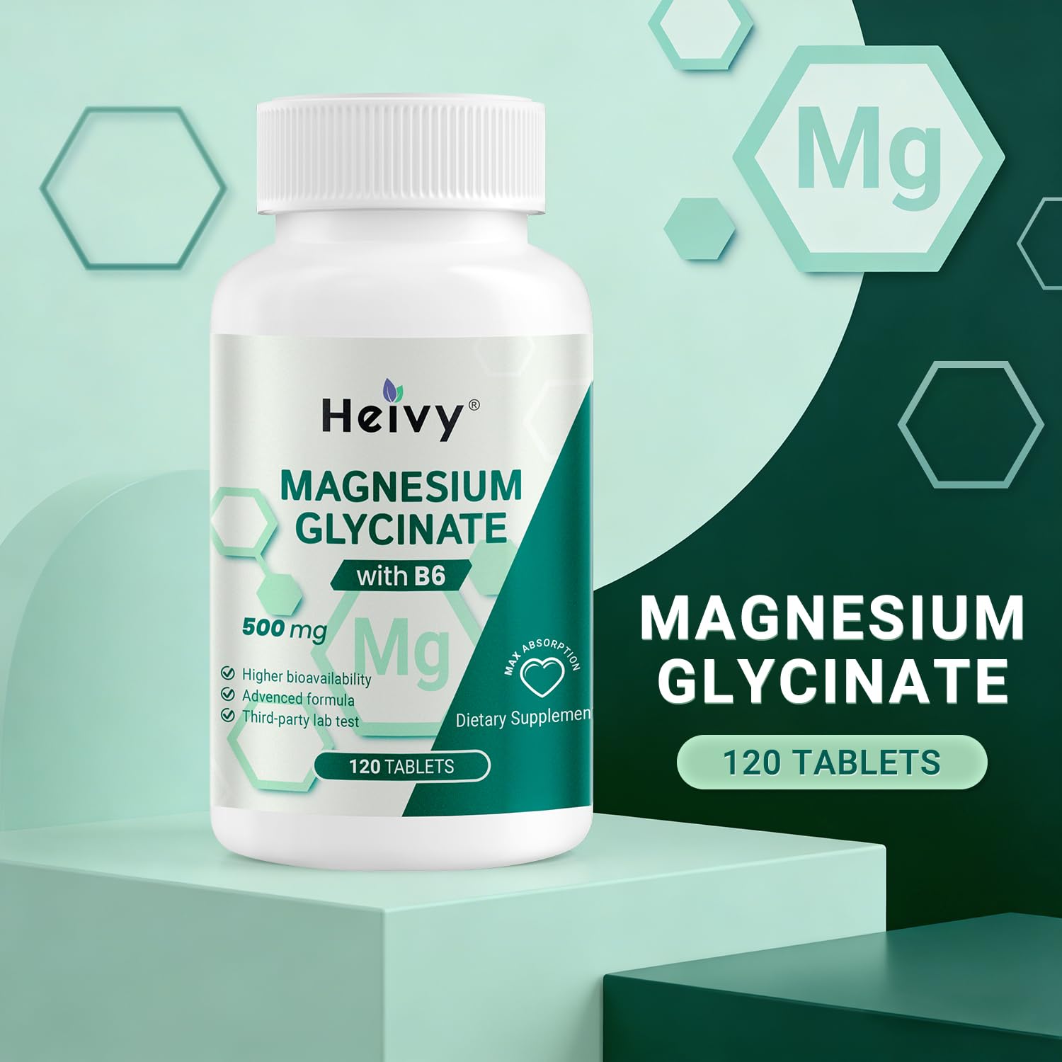 Heivy Pure Magnesium Glycinate 500mg with Vitamin B6, 100% Chelated & Purified Supports Nerve Relife, Sleep Aid & Muscle Support, Vegan & Non-GMO, Made in USA, 3rd Party Tested, 120 Tablets HeivyAu supplements