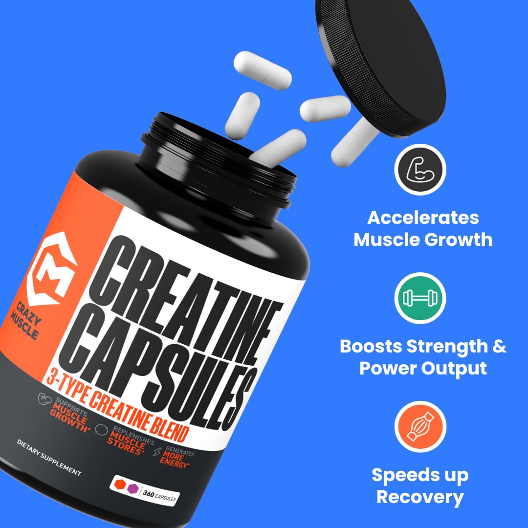 Creatine Capsules, 5g Premium 3X ThreeAtine Pre Workout Bulk Muscle Mass Gainer, High Absorption Easy to Take Creatine Monohydrate Pills Alternative Optimum Performance for Men Women, 180 Capsules Crazy MuscleAu supplements