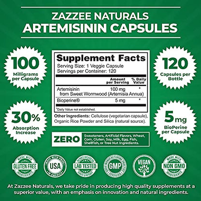 Zazzee High Absorption Artemisinin, 100 mg per Capsule, 120 Vegan Capsules, with 5 mg ZazzeeUS supplements
