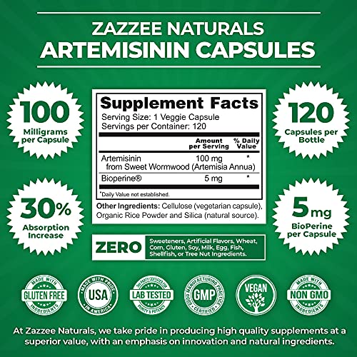 Zazzee High Absorption Artemisinin, 100 mg per Capsule, 120 Vegan Capsules, with 5 mg ZazzeeUS supplements