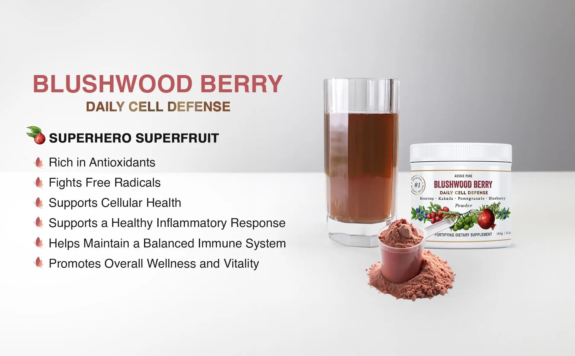 Aussie Pure Blushwood Berry Superfruit Daily Cell Defense - Soursop - Kakadu Plum - Pomegranate - Blueberry - Immune and Cell Support Powder - All Ages - Lab Tested and Authenticated - 180g/6.4oz Aussie Purenz supplements