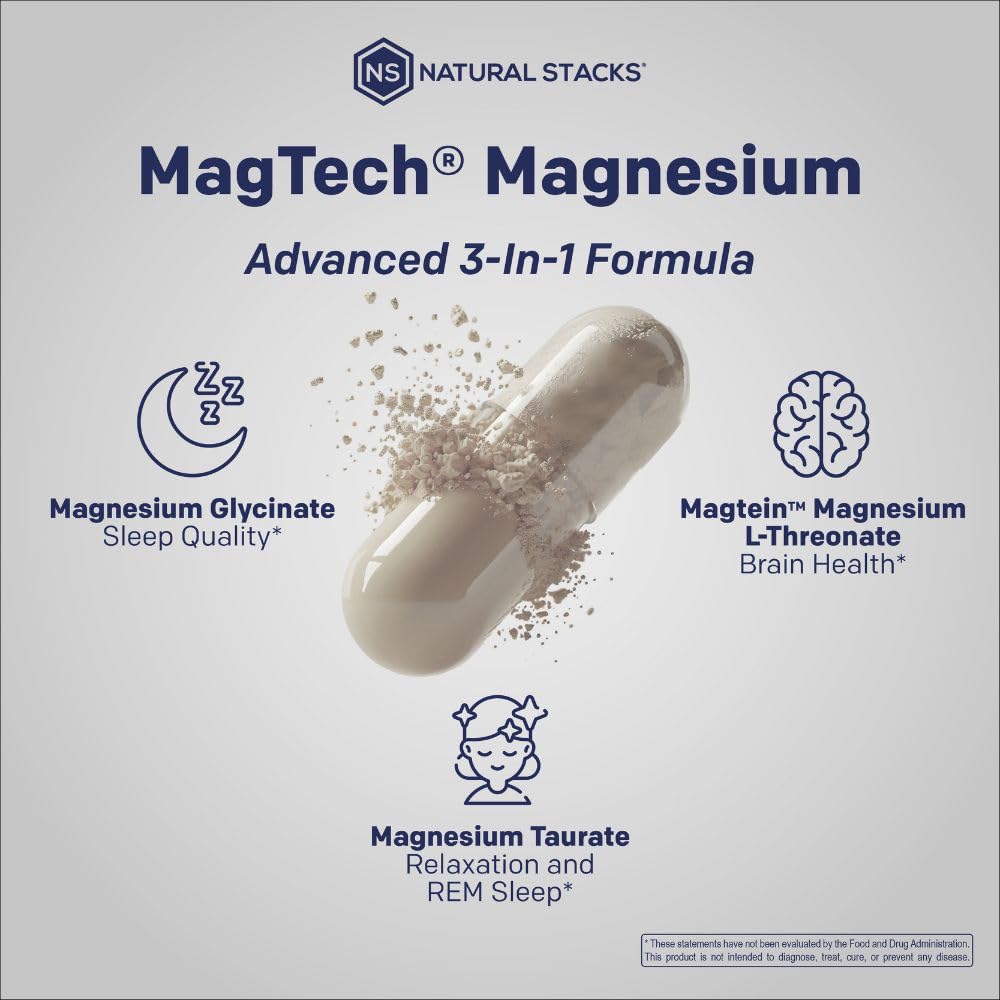 Magtein Magnesium L-Threonate, Glycinate & Taurate – 200mg Chelated Magnesium Complex – MagTech Magnesium Supplement for Relaxation & Brain Health – 90 Capsules NATURAL STACKSAu supplements