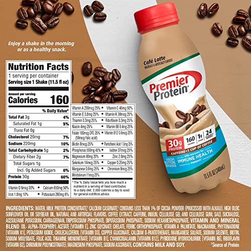 Premier Protein Shake, Café Latte Liquid, 30g Protein, 1g Sugar, 24 Vitamins & Minerals Premier ProteinUS supplements