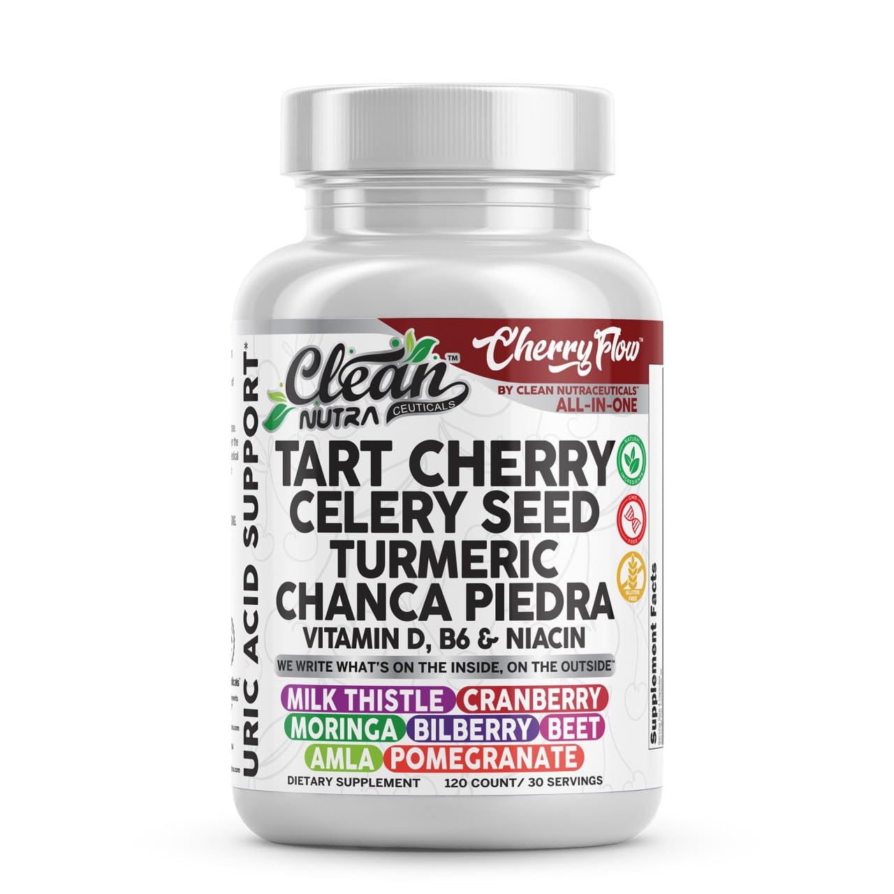 Cherry Flow Tart Cherry Capsules Uric Acid Support Celery Seed Turmeric Chanca Piedra Vitamin D Vitamin B6 Niacin Milk Thistle Moringa Extract Pomegranate Beets 90 Count By Clean Nutra Clean NutraceuticalsAu supplements