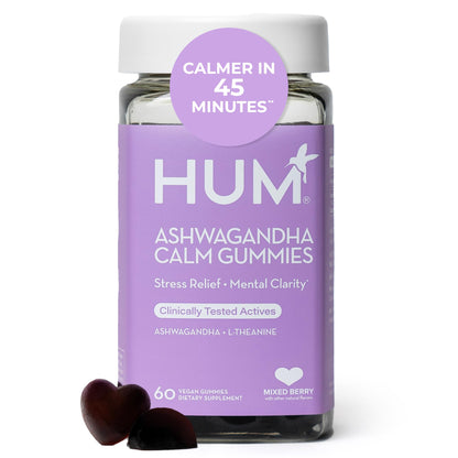 HUM Calm Ashwagandha Gummies for Women and Men, L-Theanine Ashwagandha Supplements for Daily Relaxation & Clarity Support, Vegan Fast Acting Gummy Formula, Mixed Berry Flavor, 60 Gummies HUMUS supplements