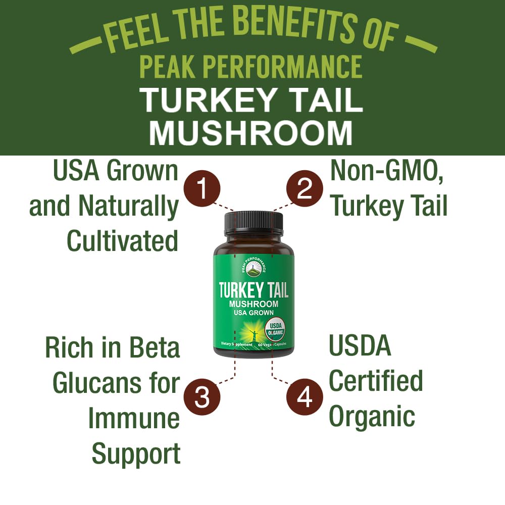 Peak Performance Organic Turkey Tail Capsules - USA Grown Made with Real Turkey Tail Mushroom. Immune System Support Naturally Harvested Mushroom Supplements for Immunity. Vegan Supplement Extract Peak PerformanceAu supplements
