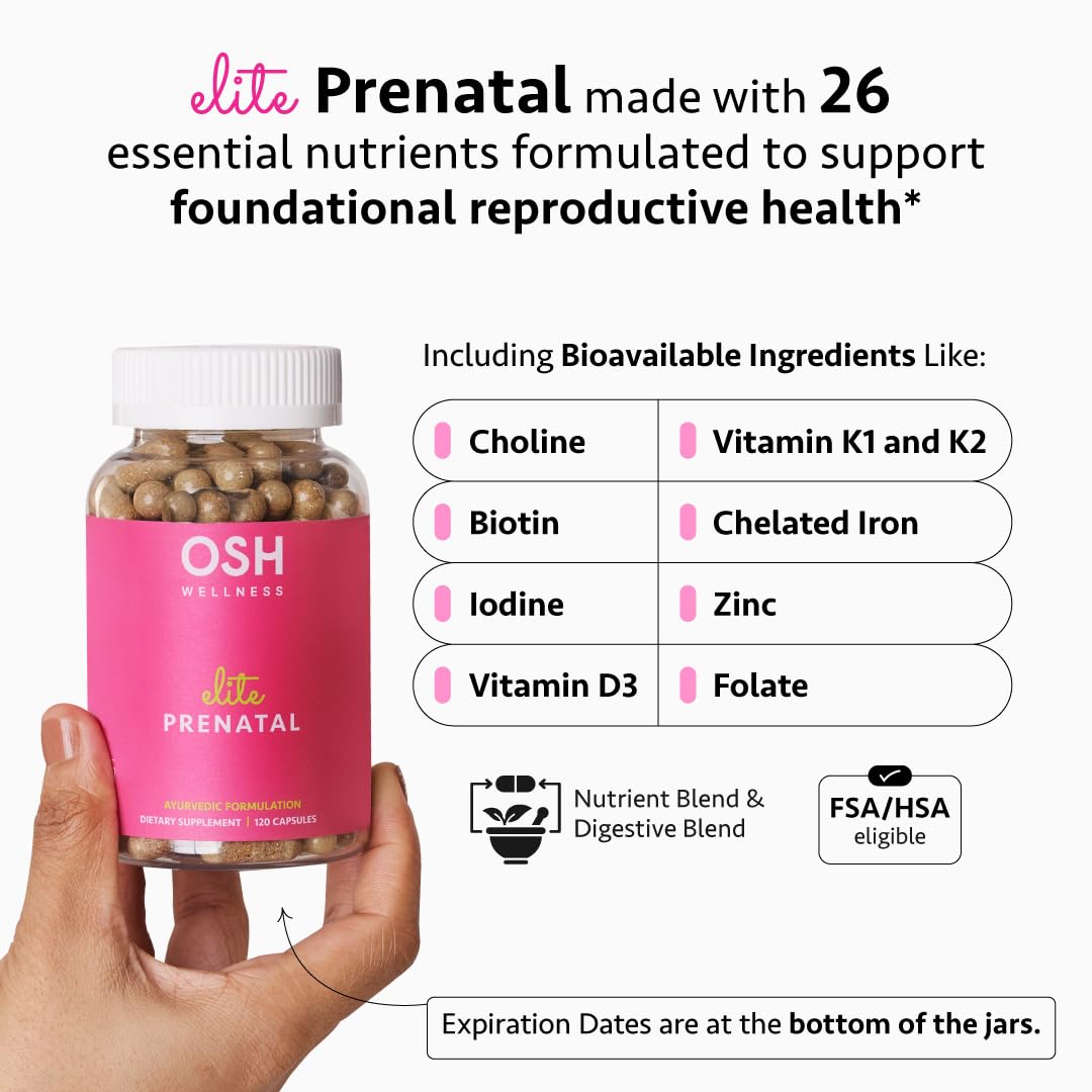 Ayurvedic Elite Prenatal Vitamins with Folate, Choline, Iron, Iodine & more | Made in USA | Optimal Bioavailability | Supports Baby's Growth and Brain Development | 30 Day Supply - OSH Wellness Freshly MomsAu supplements