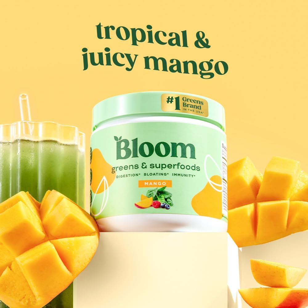 Bloom Nutrition Superfood Greens Powder, Digestive Enzymes with Probiotics and Prebiotics, Gut Health, Bloating Relief for Women, Chlorella, Green Juice Mix with Beet Root Powder, 30 SVG, Mango Bloom NutritionAu supplements