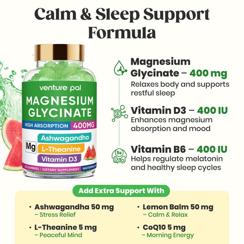 60 Day Supply Magnesium Glycinate 400mg Gummies with Ashwagandha, L-Theanine, CoQ10, Vitamin D3 & B6, Sugar Free Magnesium Gummies for Adults & Kids, Stress Relief, Sleep & Calm, Vegan, Gluten Free Venture PalAu supplements