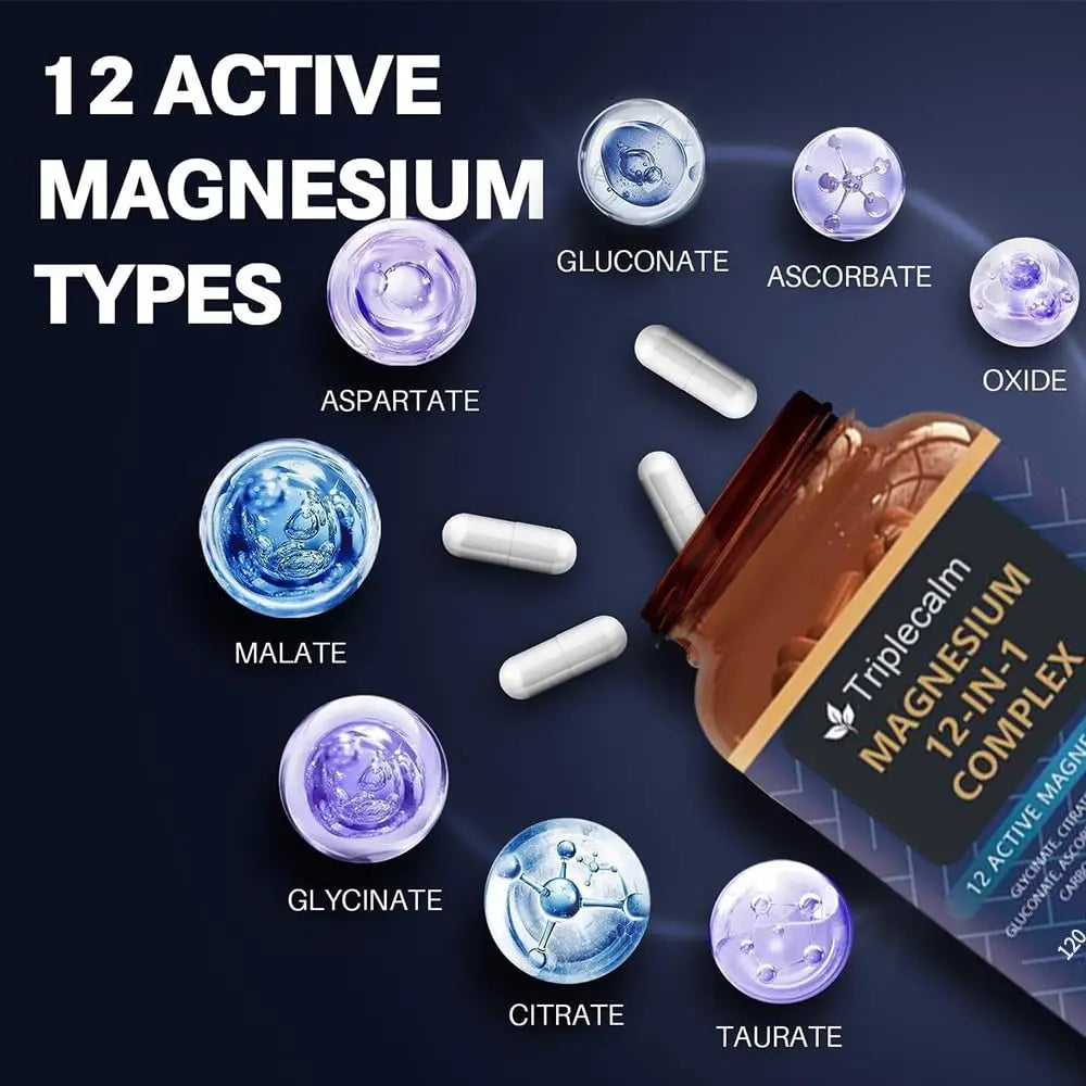 Magnesium Complex 12 in 1 Supplement - 12 Elemental 1000mg - Magnesium Glycinate, Citrate, Malate, Taurate - High Absorption,for Muscle, Nerve & Sleep Support - 120 Capsules Triplecalmnz supplements