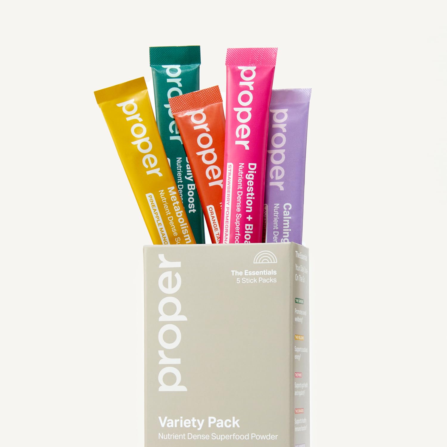 Proper The Essentials Super Foods Powder 5-Stick Variety Pack - Super Greens, Gut Health, Metabolism & Energy, Calm Magnesium Powder & Immune Support Supplement Packs ProperAu supplements