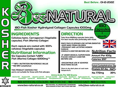 Bee-natural Kosher Pure Marine Hydrolyzed Collagen 1000mg 180 Capsules Bee-naturalUS supplements