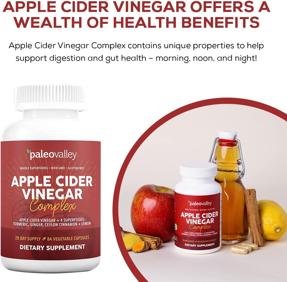 Paleovalley Apple Cider Vinegar Complex with Superfoods - Turmeric, Ginger, Ceylon Cinnamon and Lemon - 84 Vegetable Capsules PaleovalleyUS supplements