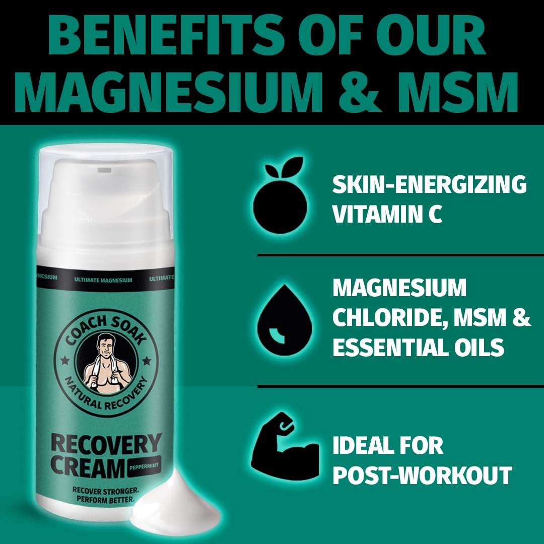 Coach Soak Magnesium Cream with MSM in Pump Bottle - Natural Recovery Cream with Magnesium Chloride & Menthol - Fast-Absorbing for Muscles & Joints, Cooling Menthol, 3.4oz Coach SoakAu supplements