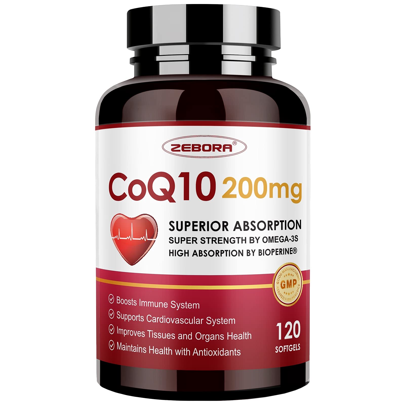CoQ10-200mg-Softgels with PQQ, BioPerine & Omega-3, 120 Servings Coenzyme Q10 ZEBORAUS supplements