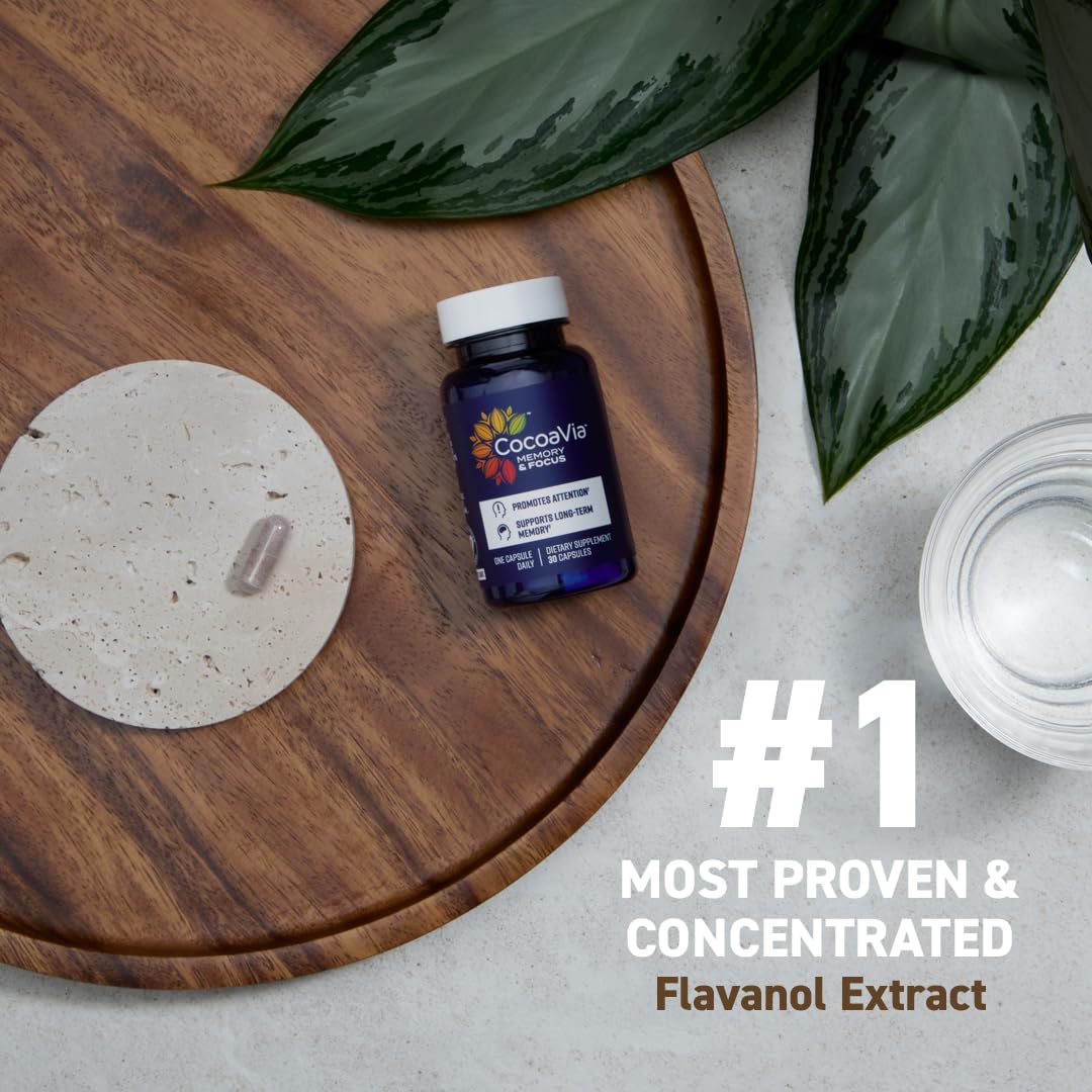 CocoaVia Memory & Focus Brain Supplement, 90 Day, Cocoa Flavanol Blend, Lutein, Added Caffeine for Boost. Improve Cognitive Function, Attention, Vegan & Plant Based, 90 Capsules CocoaViaAu supplements